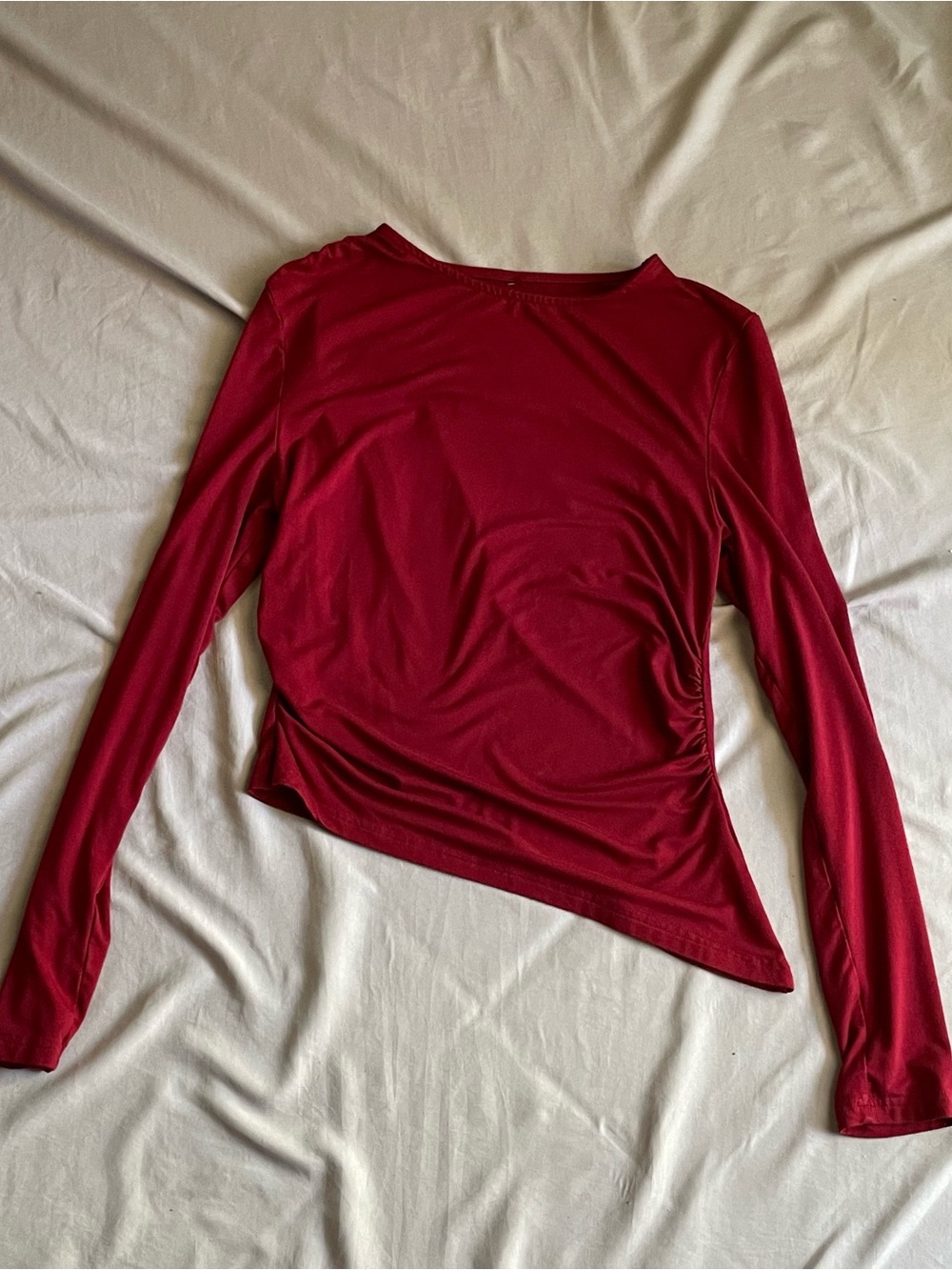 prettygarden Burgundy Ruched Asymmetric Hem Long Sleeve Top Small
